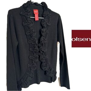 Olsen Europe Black Merino Wool Blend Ruffled Front Cardigan Size 6